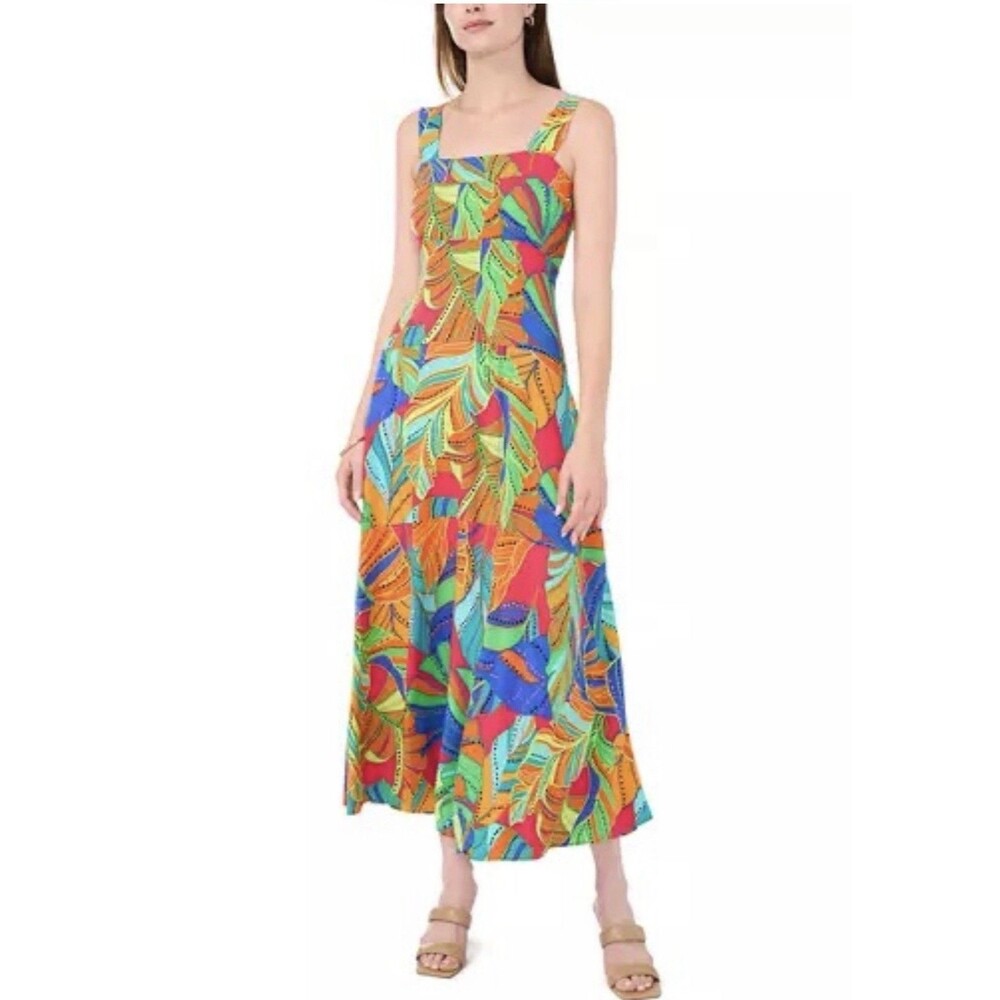 1.State Tropical Smocked Maxi Sun Dress Womens Sz M Colorful Square Neck Resort